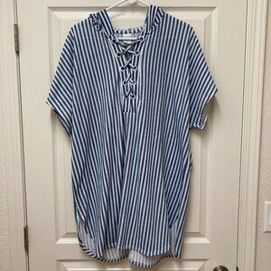 Time and Tru Women's Size XL Striped Lace Up Swim Cover Up with Hood V Nec